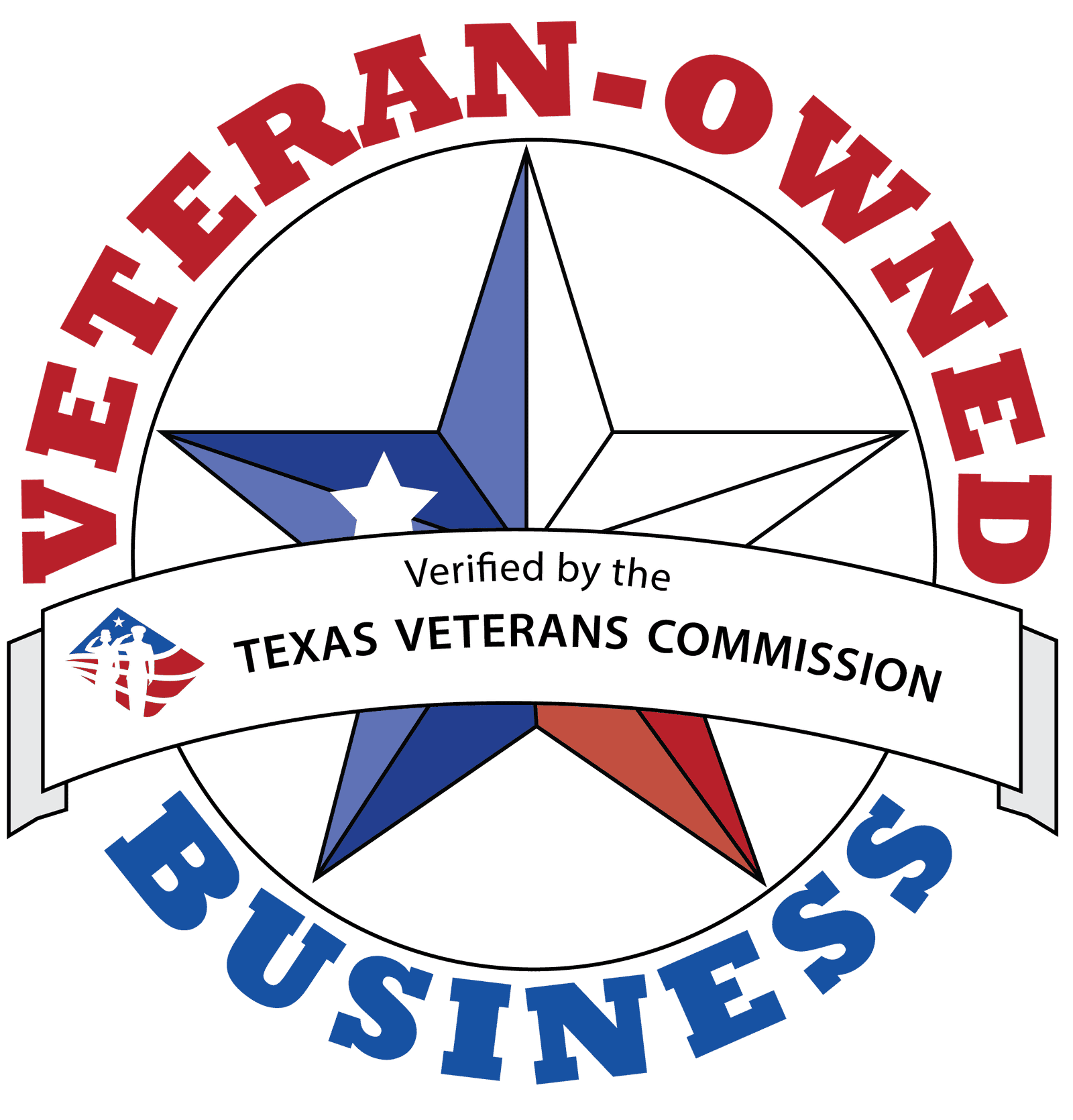 A logo featuring a red, white, and blue star with the text "Veteran-Owned Business" and "Verified by the Texas Veterans Commission."