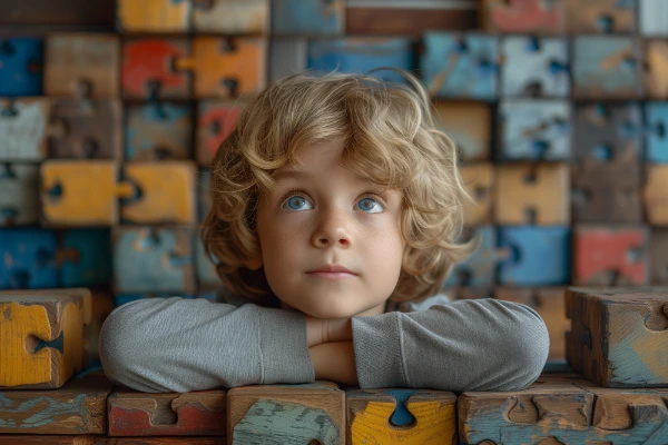 A young child with curly hair, resting their chin on their arms, gazing thoughtfully at something off-camera in a colorful setting.