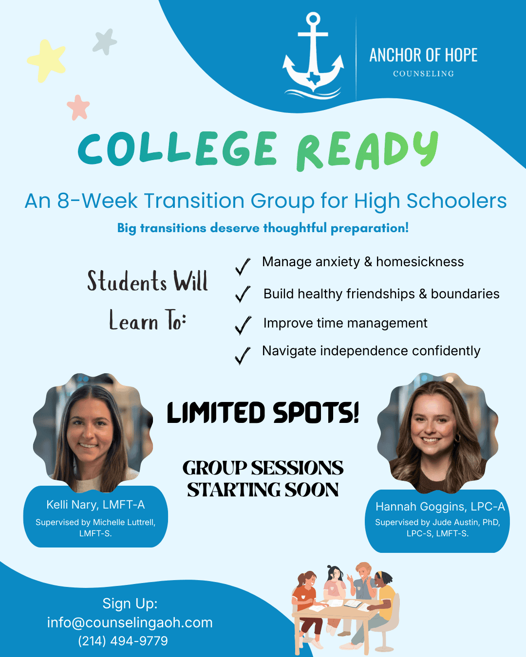 Flyer for Anchor of Hope Counselings College Ready 8-week high school transition group, featuring photos of two female counselors, program details, and cartoon students working together at a table.