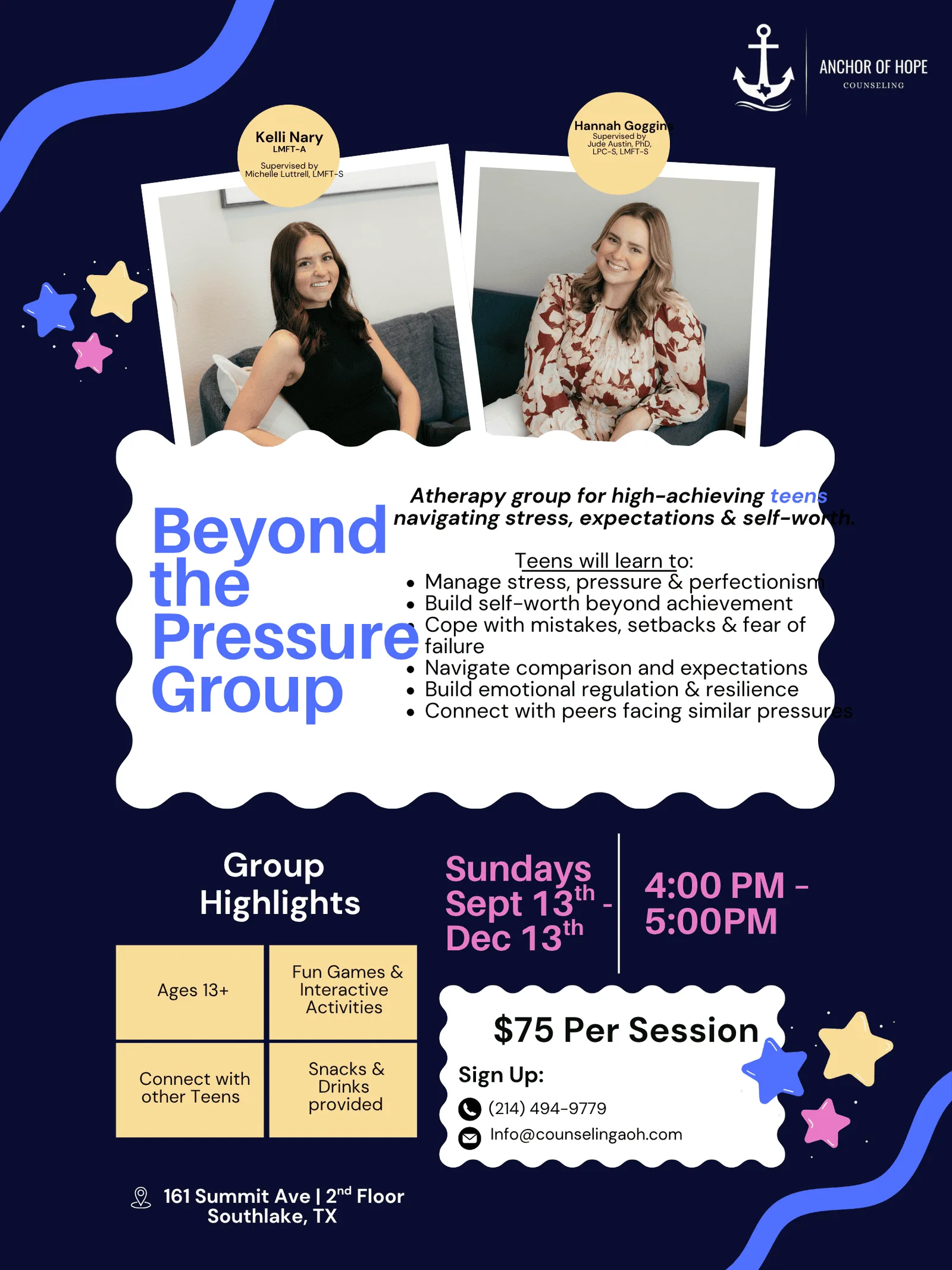 A flyer for Beyond the Pressure Group, a therapy group for high-achieving teens, with info on sessions, pricing, contact, and illustrated graphics.