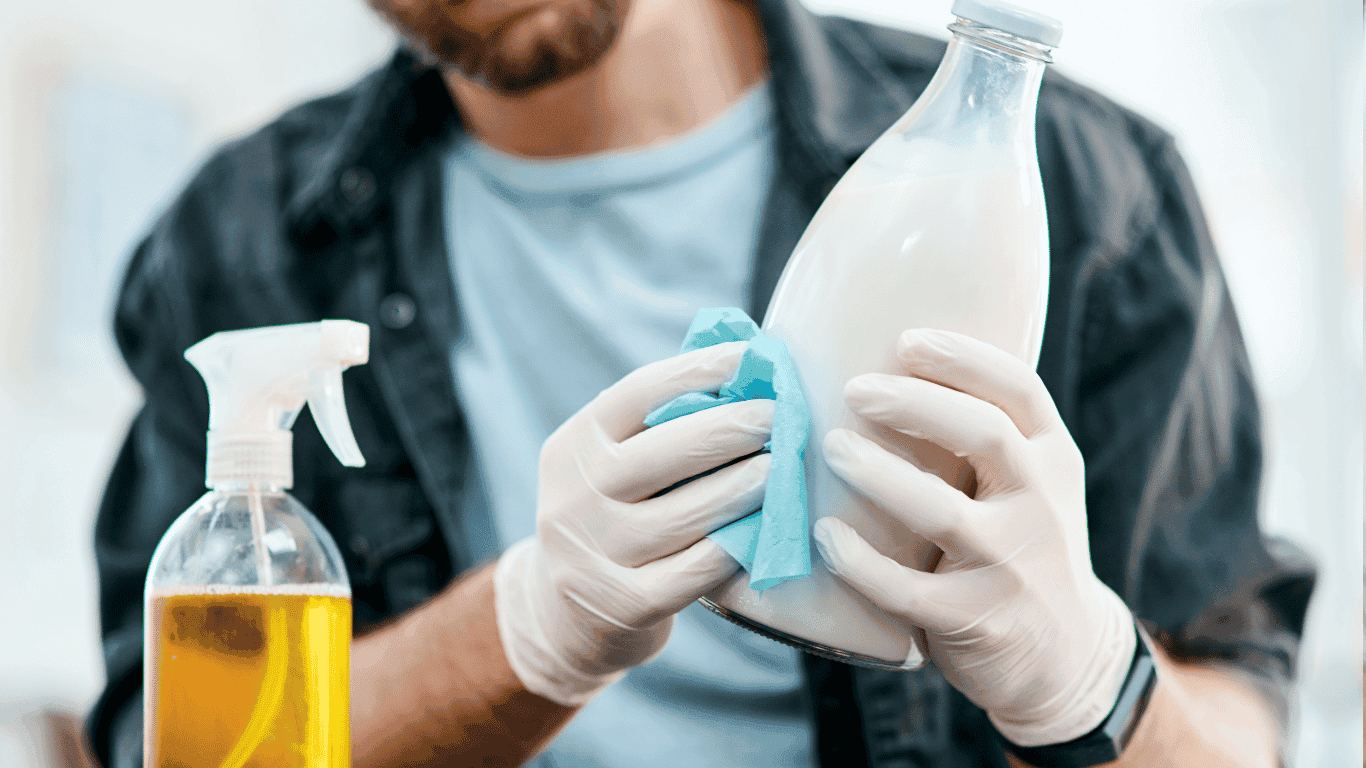 A person wearing gloves wipes a glass milk bottle with a blue cloth. A spray bottle with yellow liquid is on the table beside them.