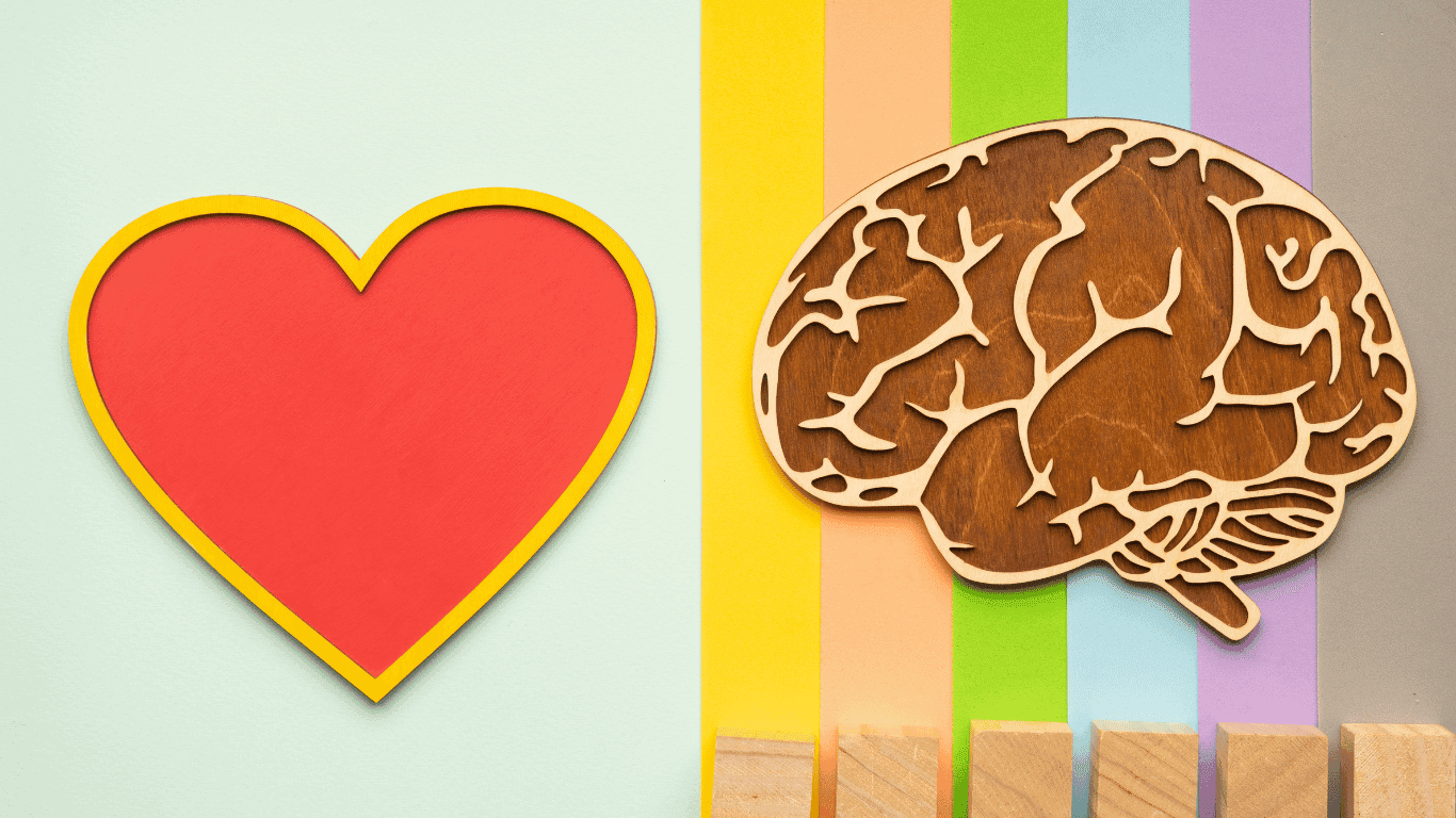A red heart and a wooden brain shape sit side by side on a pastel background with vertical rainbow stripes between them, symbolizing the connection between emotions and intellect.
